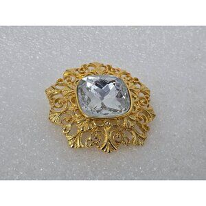 Eileen Fulton Gold Tone Filigree Crystal Brooch Ornate Statement Pin Vintage